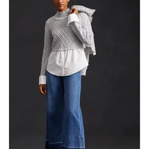 Maeve Anthropologie NWOT Gray Cable-Knit Layered Crewneck Overlay Button Sweater - Picture 3 of 9